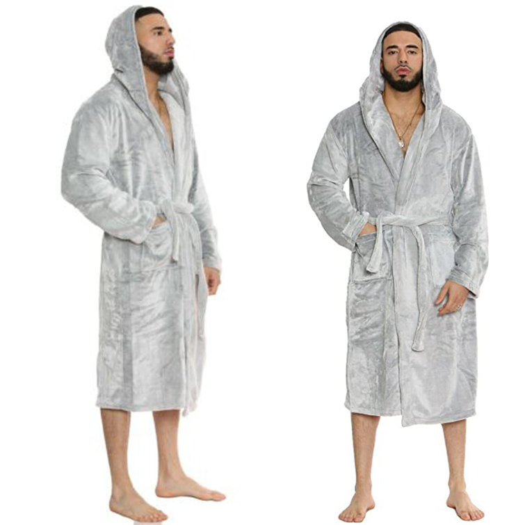 Mens Hooded Dressing Gown Plush Fluffy Soft Warm Fleece Bathrobe Gift